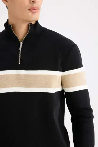 Standart Fit Normal Kesim Balıkçı Yaka Yarı Fermuarlı Çizgili Triko Kazak-Siyah - Modazone (1)