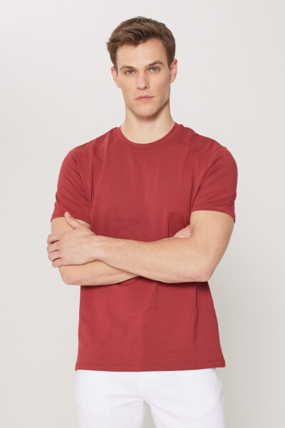 Standart Fit Normal Kesim Bisiklet Yaka Pamuklu Tişört - Bordo - 3