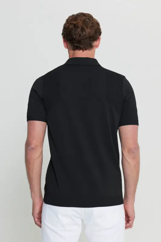 Standart Fit Normal Kesim Polo Yaka Jakarlı Triko Tişört-Siyah - 5