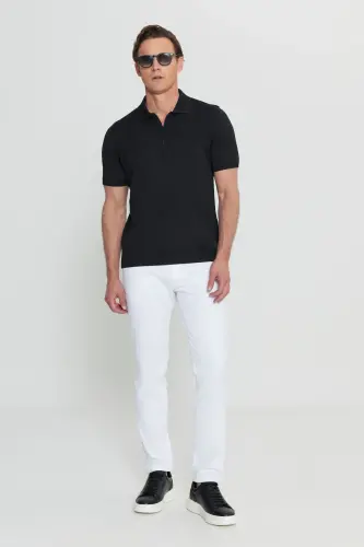 Standart Fit Normal Kesim Polo Yaka Jakarlı Triko Tişört - Siyah - 2