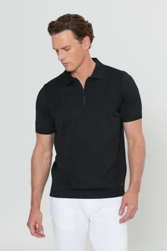 Standart Fit Normal Kesim Polo Yaka Jakarlı Triko Tişört - Siyah - 3