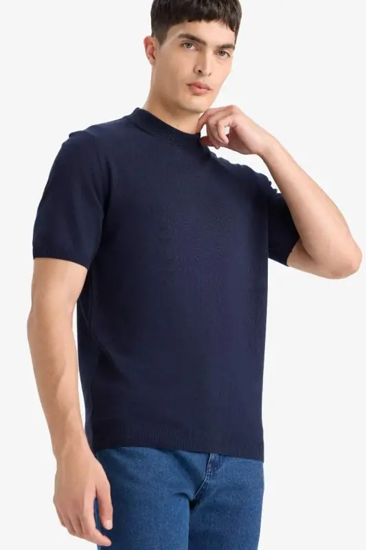 Standart Fit Velosiped Yoqali Trikotaj Qisqa Yengli Футболка - To'q ko'k - 3