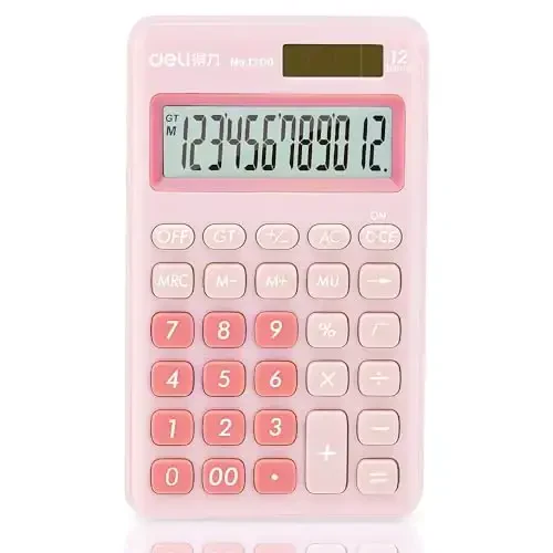 Deli Standard Function Basic Calculator, 12 Digit Desktop Calculator with Large LCD Display, Solar Battery Dual Power Office Calculators, Pink - deli