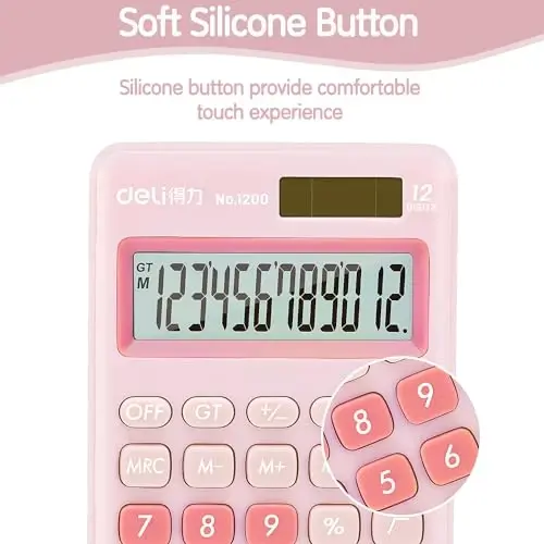 Deli Standard Function Basic Calculator, 12 Digit Desktop Calculator with Large LCD Display, Solar Battery Dual Power Office Calculators, Pink - 5