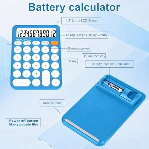 Standart kalkulyator 12 raqamli, 6,2 * 4,2 dyuymli ish stoli katta displey va tugmalar, ofis, maktab, uy va biznes uchun katta LCD displeyli kalkulyator, avtomatik uyqu, 15 ° eğimli ekran - 4