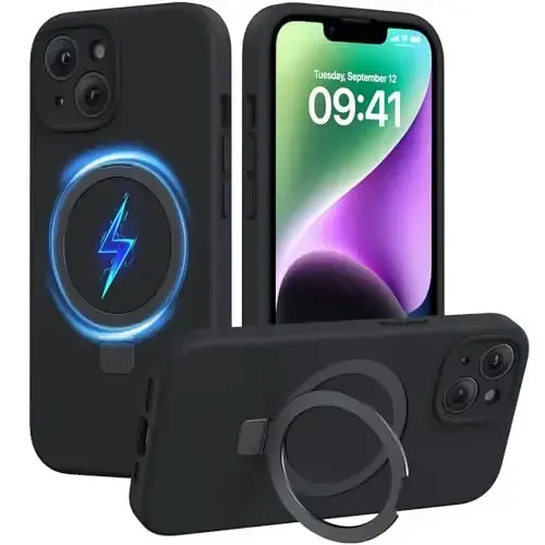 Miracase for iPhone 14 Case with Stand, Compatible with All MagSafe Accessories, Liquid Silicone Case Gel Rubber Shockproof Drop Protection Phone Case for iPhone 14, Black Mag-Stand - MIRACASE
