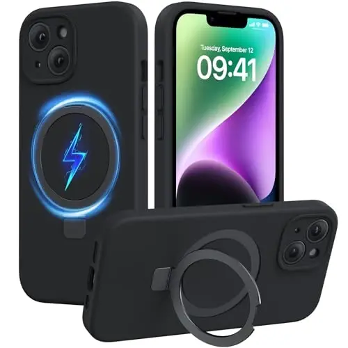 Miracase for iPhone 14 Case with Stand, Compatible with All MagSafe Accessories, Liquid Silicone Case Gel Rubber Shockproof Drop Protection Phone Case for iPhone 14, Black Mag-Stand 