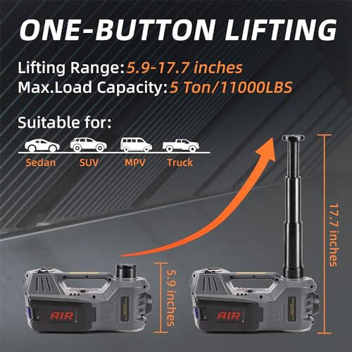 STANDTALL Electric Car Jack Quick Lifting Safe and Portable with Tire Inflator and LED Light Complete Set of Accessories 12V Hydraulic Floor Jack - 2