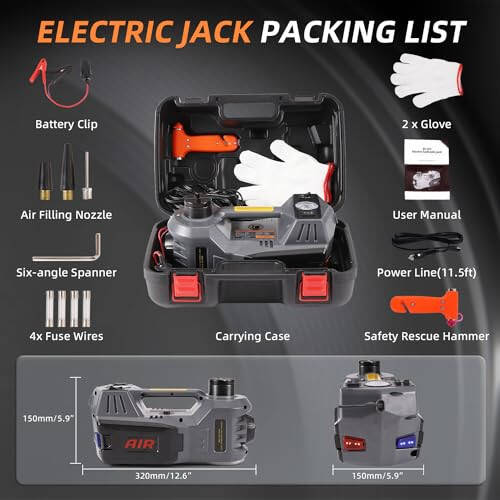 STANDTALL Electric Car Jack Quick Lifting Safe and Portable with Tire Inflator and LED Light Complete Set of Accessories 12V Hydraulic Floor Jack - 6