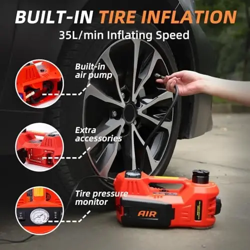 STANDTALL Electric Car Jack Quick Lifting Safe and Portable with Tire Inflator and LED Light Complete Set of Accessories 12V Hydraulic Floor Jack - 4