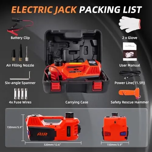 STANDTALL Electric Car Jack Quick Lifting Safe and Portable with Tire Inflator and LED Light Complete Set of Accessories 12V Hydraulic Floor Jack - 5