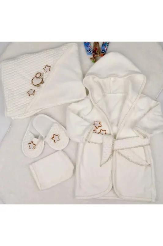Star Pattern Quilted 4-Piece Towel Bathrobe Set - Navy Blue - NEVRANKIDS