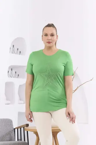 Star Stone Embellished Plus Size Green T-Shirt - 1