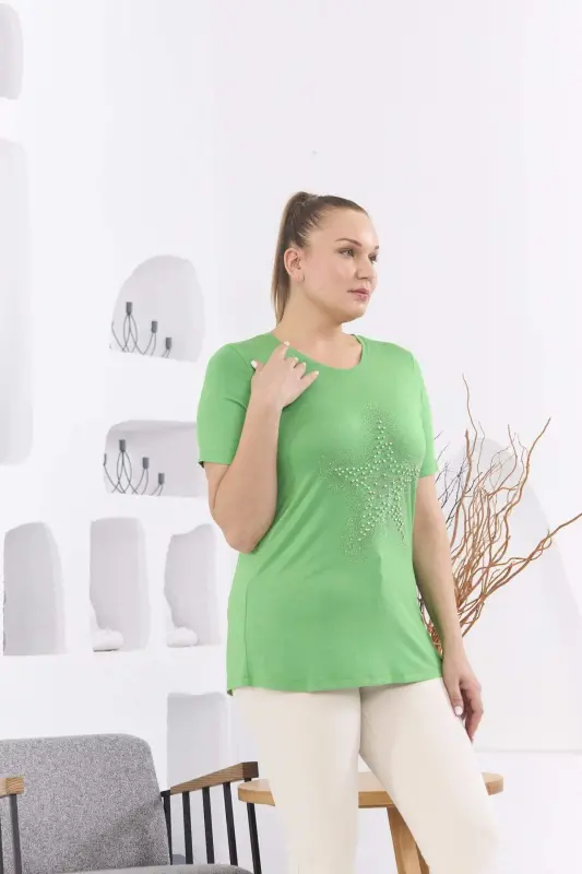 Star Stone Embellished Plus Size Green T-Shirt - 7