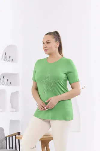 Star Stone Embellished Plus Size Green T-Shirt - 6