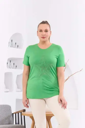 Star Stone Embellished Plus Size Green T-Shirt - 1