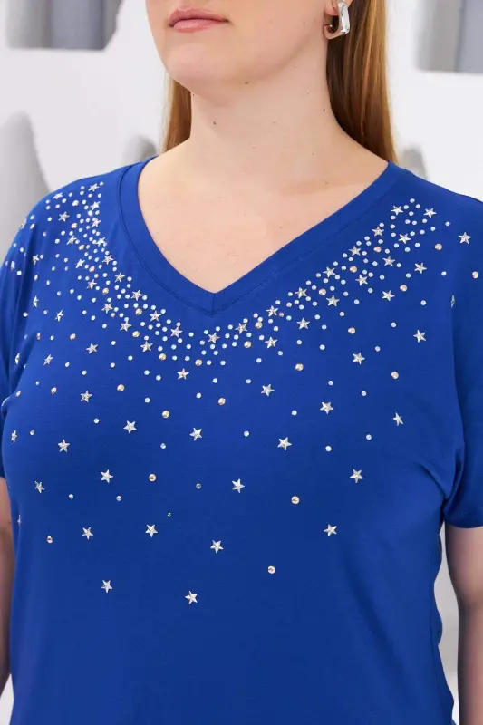Star Stone Printed Plus Size T-Shirt Sax - 2