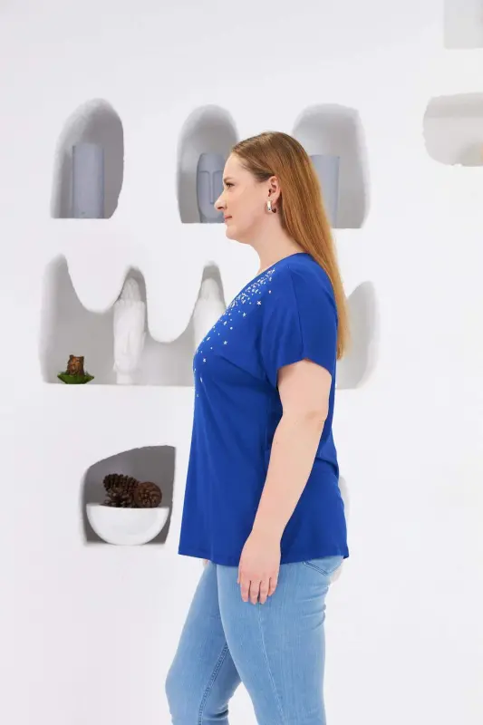 Star Stone Printed Plus Size T-Shirt Sax - 3