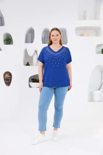 Star Stone Printed Plus Size T-Shirt Sax - 4