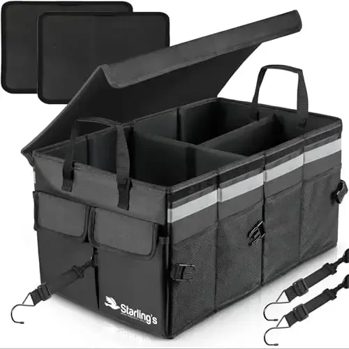 Starling's Car Trunk Organizer Super Strong, Foldable Storage Cargo Box for SUV, Auto, Truck Nonslip Waterproof Bottom, Fits any Vehicle, Come w Adjustable TieDown Straps W LID (Black, 2 