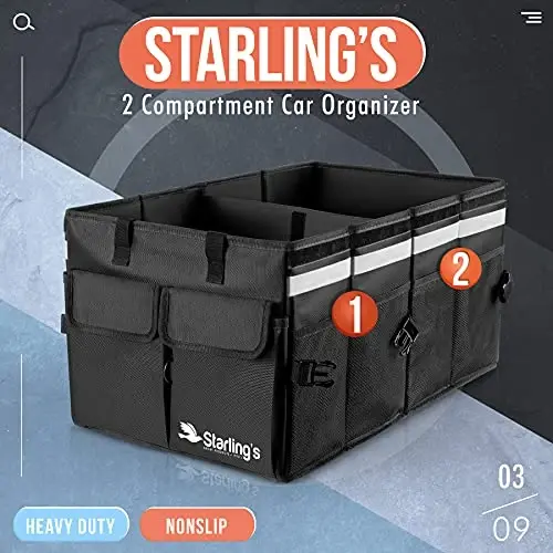 Starling's Car Trunk Organizer Super Strong, Foldable Storage Cargo Box for SUV, Auto, Truck Nonslip Waterproof Bottom, Fits any Vehicle, Come w Adjustable TieDown Straps W LID (Black, 2 - MODAZONE (1)
