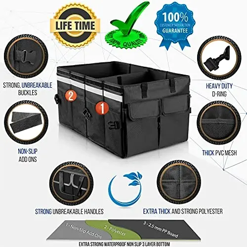 Starling's Car Trunk Organizer Super Strong, Foldable Storage Cargo Box for SUV, Auto, Truck Nonslip Waterproof Bottom, Fits any Vehicle, Come w Adjustable TieDown Straps W LID (Black, 2 - 6