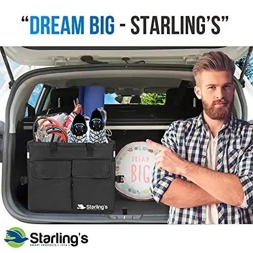 Starling's Car Trunk Organizer Super Strong, Foldable Storage Cargo Box for SUV, Auto, Truck Nonslip Waterproof Bottom, Fits any Vehicle, Come w Adjustable TieDown Straps W LID (Black, 2 - 4
