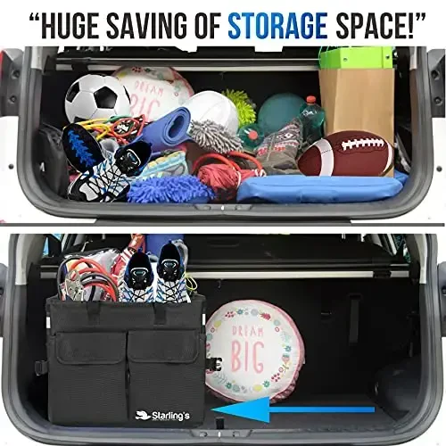 Starling's Car Trunk Organizer Super Strong, Foldable Storage Cargo Box for SUV, Auto, Truck Nonslip Waterproof Bottom, Fits any Vehicle, Come w Adjustable TieDown Straps W LID (Black, 2 - 5