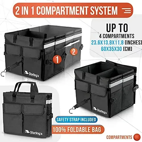 Starling's Car Trunk Organizer Super Strong, Foldable Storage Cargo Box for SUV, Auto, Truck Nonslip Waterproof Bottom, Fits any Vehicle, Come w Adjustable TieDown Straps W LID (Black, 2 - 7