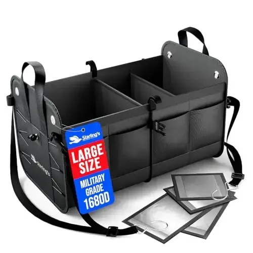 Starling's Car Trunk Organizer for SUV, Auto, Truck and Crossover | Box Trunk Organizer for Car Small with 2 Compartments and Straps | Car Trunk Storage Organizer with Non Slip Waterproof Bottom 