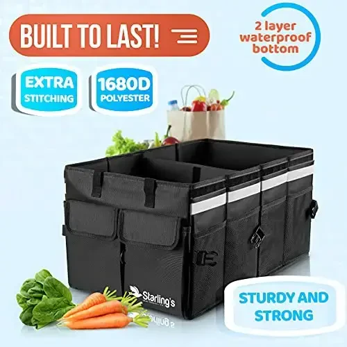 Starling's Car Trunk Organizer Super Strong, Foldable Storage Cargo Box for SUV, Auto, Truck Nonslip Waterproof Bottom, Fits any Vehicle, Come w Adjustable TieDown Straps W LID (Black, 2 - 3