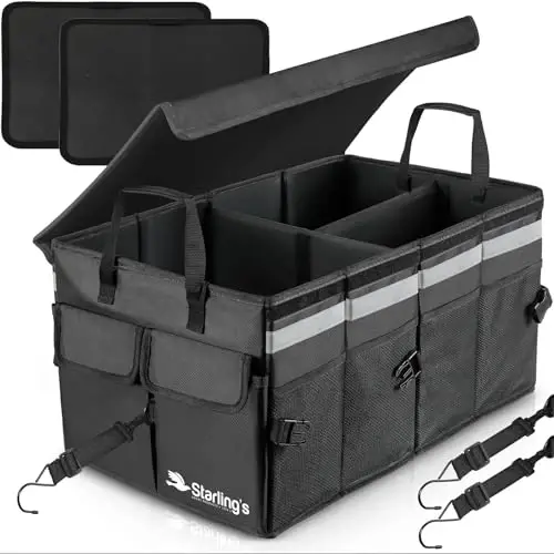 Starling's Car Trunk Organizer Super Strong, Foldable Storage Cargo Box for SUV, Auto, Truck Nonslip Waterproof Bottom, Fits any Vehicle, Come w Adjustable TieDown Straps W LID (Black, 2 - 1