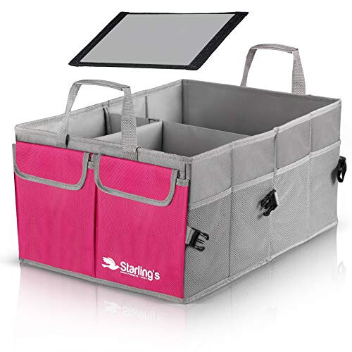 Starling's Car Trunk Organizer - Super Strong, Foldable Storage Cargo Box for SUV, Auto, Truck-Nonslip Waterproof Bottom, Fits any Vehicle, Come w/Tie-Down Straps (Pink, 2 Compartments) - 3