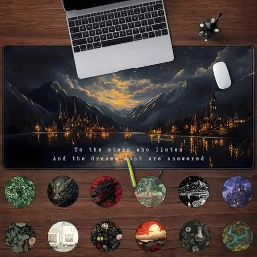 Starry Night Mountain Desk Pad Mat Moon Oil Painting XXL Black Mouse Pad for Gaming Deskpad, Aesthetic Moon and Stars Mousepad Xxl for Laptop Computer Mouse Game Keyboard Mat, 31.5 X 15.8 In - 2