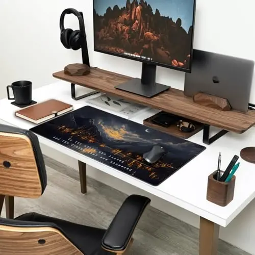 Starry Night Mountain Desk Pad Mat Moon Oil Painting XXL Black Mouse Pad for Gaming Deskpad, Aesthetic Moon and Stars Mousepad Xxl for Laptop Computer Mouse Game Keyboard Mat, 31.5 X 15.8 In - 3