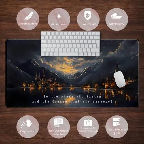 Starry Night Mountain Desk Pad Mat Moon Oil Painting XXL Black Mouse Pad for Gaming Deskpad, Aesthetic Moon and Stars Mousepad Xxl for Laptop Computer Mouse Game Keyboard Mat, 31.5 X 15.8 In - 6
