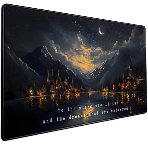 Starry Night Mountain Desk Pad Mat Moon Oil Painting XXL Black Mouse Pad for Gaming Deskpad, Aesthetic Moon and Stars Mousepad Xxl for Laptop Computer Mouse Game Keyboard Mat, 31.5 X 15.8 In - 1