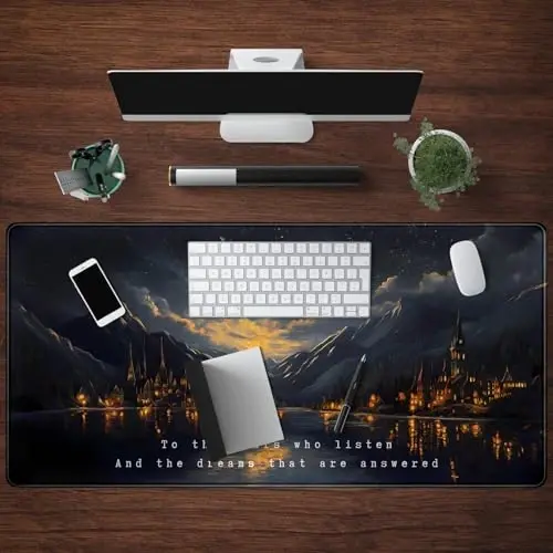 Starry Night Mountain Desk Pad Mat Moon Oil Painting XXL Black Mouse Pad for Gaming Deskpad, Aesthetic Moon and Stars Mousepad Xxl for Laptop Computer Mouse Game Keyboard Mat, 31.5 X 15.8 In - 4