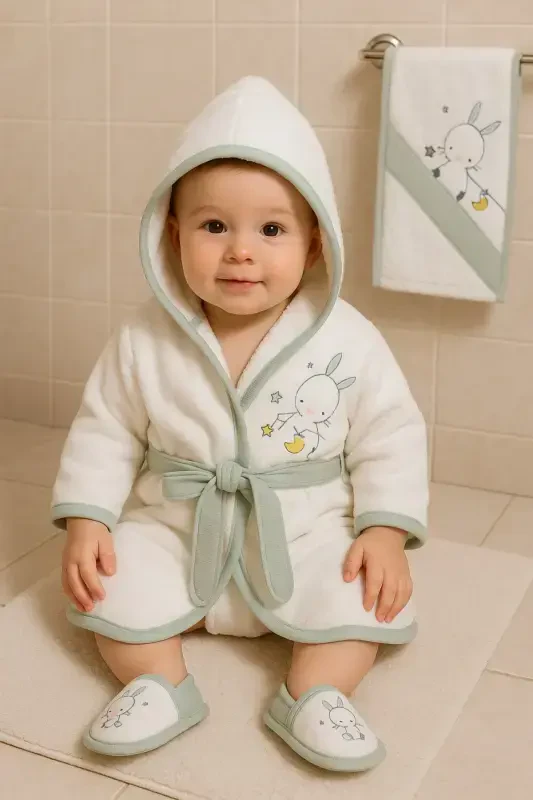 Starry Rabbit Gaye Baby Towel Bathrobe Set Organic - Baby Shower Gift-Green - CHERUB BABY