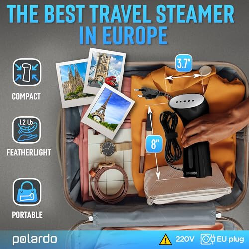 Steamer for Clothes for Europe 220V, Handheld Portable Travel Garment Steamer, Metal Steam Head, 25s Heat Up, Pump System, Mini Size, Hand Held Steamer for Any Fabrics, Black - 2