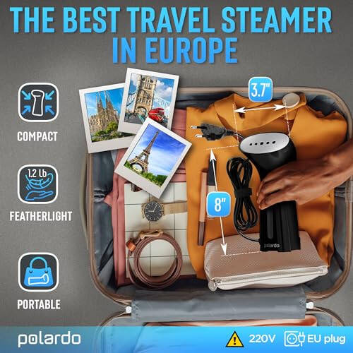 Steamer for Clothes for Europe 220V, Handheld Portable Travel Garment Steamer, Metal Steam Head, 25s Heat Up, Pump System, Mini Size, Hand Held Steamer for Any Fabrics, Black - 2