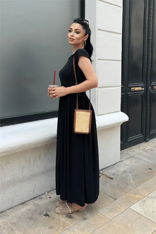 Steel Interlock Fabric Ruched Detail Maxi Dress - BLACK - 5