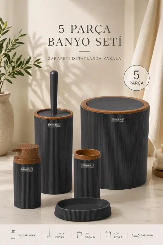 Stella Anthracite Wood Patterned Striped Round 5-Piece Bathroom Set - Anthracite - 1