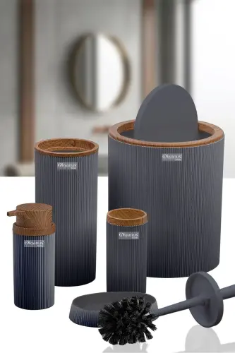 Stella Anthracite Wood Patterned Striped Round 5-Piece Bathroom Set - Anthracite - 3