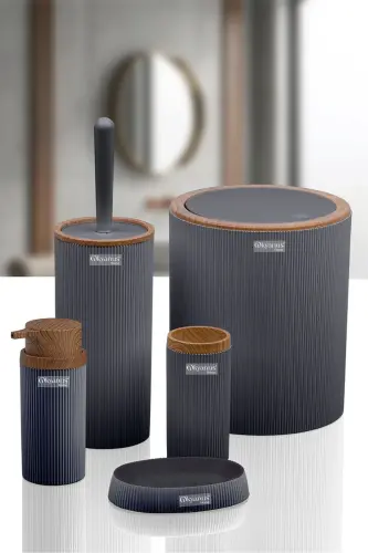 Stella Anthracite Wood Patterned Striped Round 5-Piece Bathroom Set - Anthracite - 4