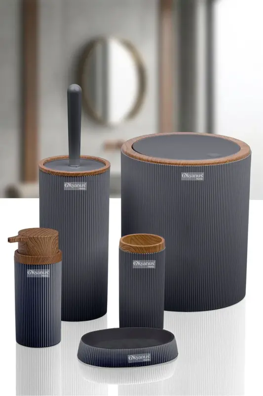 Stella Anthracite Wood Patterned Striped Round 5-Piece Bathroom Set - Anthracite - 4
