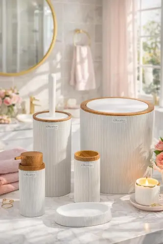Stella Beyaz Ahşap Desenli Çizgili Yuvarlak 5'li Banyo Seti - Beyaz - Ahşap - 3