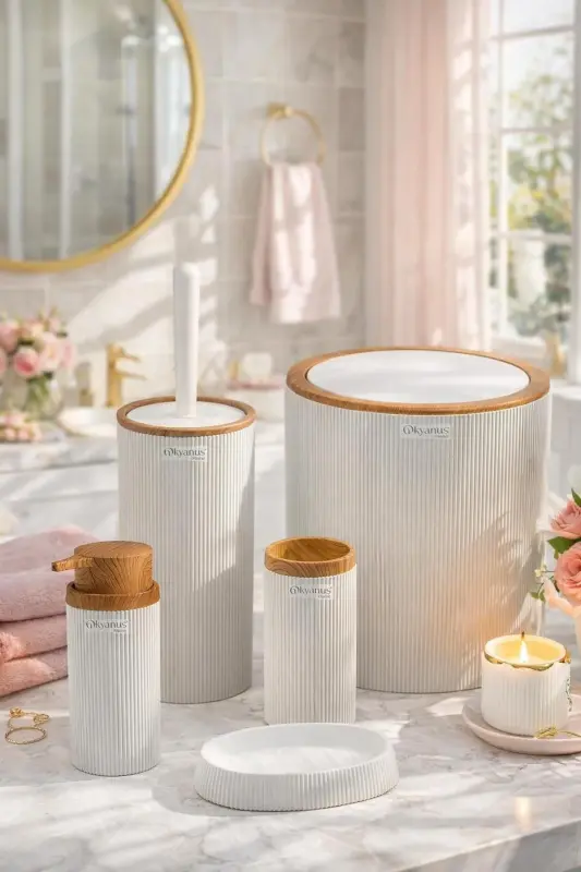 Stella Beyaz Ahşap Desenli Çizgili Yuvarlak 5'li Banyo Seti - Beyaz - Ahşap - 3
