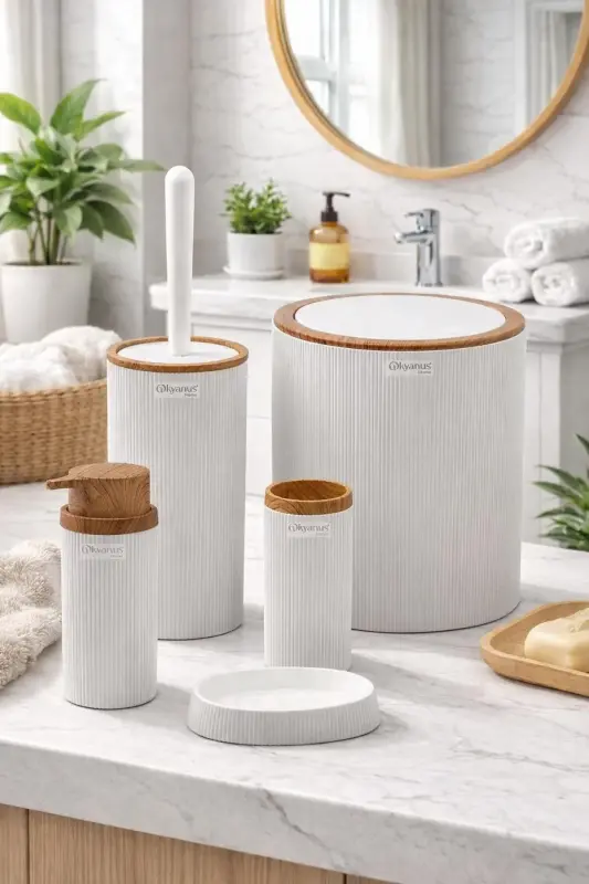 Stella White Wood Patterned Striped Round 5-Piece Bathroom Set - White - Wood - 1