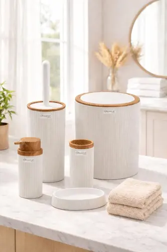 Stella White Wood Patterned Striped Round 5-Piece Bathroom Set - White - Wood - OKYANUS HOME (1)
